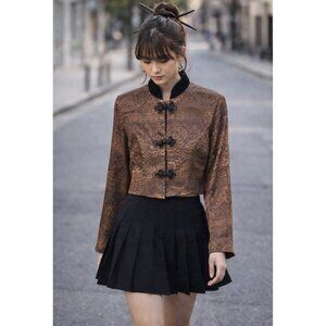 Vtg 90s Blazer Jacket Sz 12 Asian Inspired Floral Brocade Velvet Collar Cropped